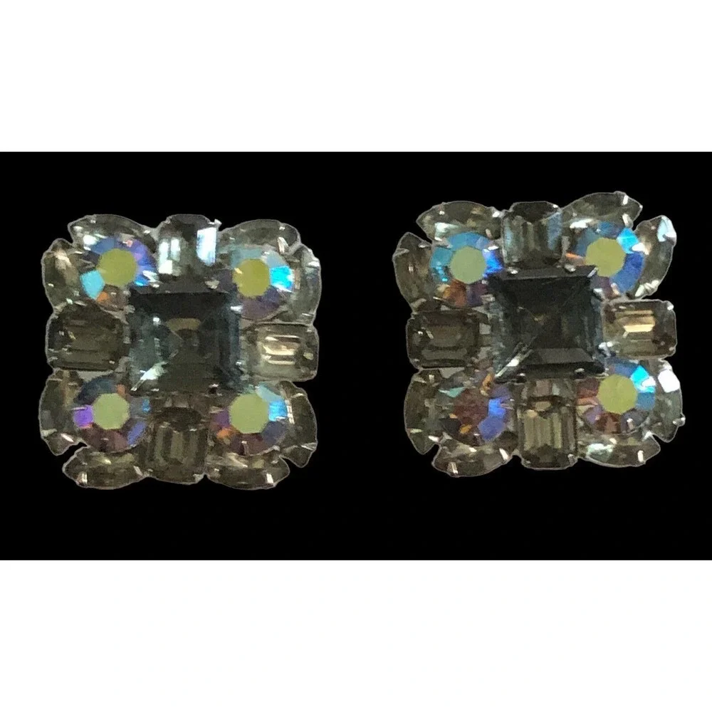 1950s Judy Lee Black & Smokey Grey Aurora Borealis Crystal Clip On Earrings